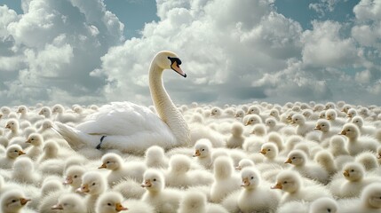 Obraz premium A striking swan amidst a sea of fluffy ducklings, symbolizing individuality and grace, while standing out in the crowd.