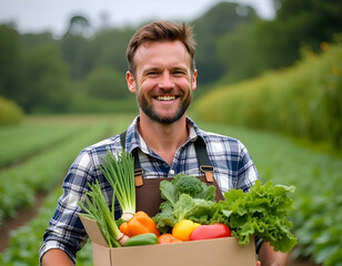 man holding a basket full of vegetables