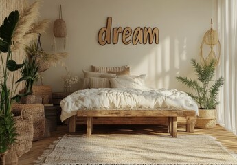 Cozy bedroom with natural decor and soft lighting creating a serene atmosphere for relaxation