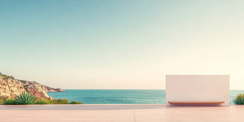 A serene coastal view from a modern terrace overlooking the calm sea on a sunny afternoon