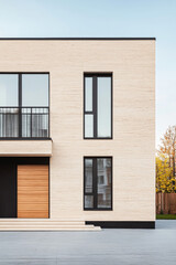 Modern exterior design of a minimalist house with wood accents in an urban setting