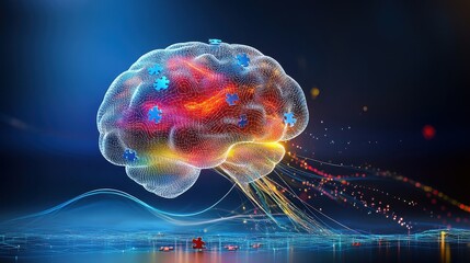 Obraz premium A glowing brain made of puzzle pieces coming together symbolizing cognitive development