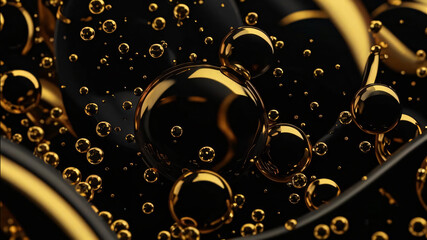 Black and gold molten glass with bubbles abstract background. Close up of water drop on black background. Abstract wallpaper concept.Colorful liquid water backdrop background bubbles flow fluid splash