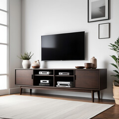 A low-profile TV stand with open shelving and closed storage compartments, featuring a minimalist design in a dark wood finish, isolated on a white background.
