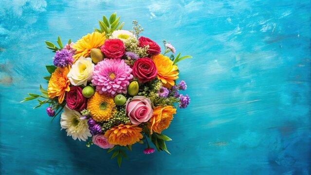 Colorful bouquet of flowers against a blue background shot from above