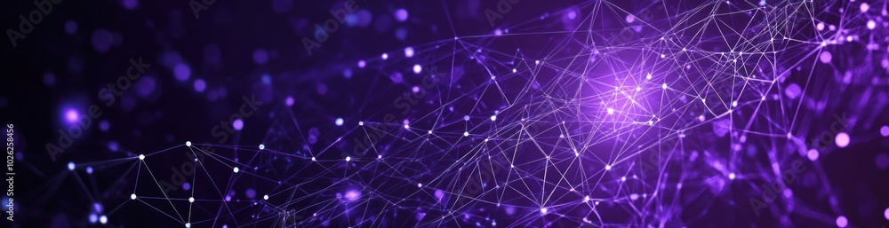 Poster abstract purple background with glowing lines and dots, forming a network or connection.