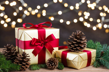 Beautiful christmas decorations with gift boxes, new year celebrations with copy space for text