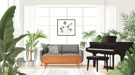 Bright, open Scandinavian room featuring a wooden commode, gray sofa, black piano, and tropical plants. A minimalist yet cozy space with stylish accessories.