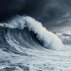 Powerful ocean wave crashing against dark stormy clouds.
