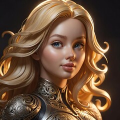 Fototapeta premium Fantasy portrait of a blonde woman in intricate golden armor with glowing light, captured in detailed digital art