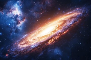 A vibrant spiral galaxy with glowing gas clouds and stars in the deep space.