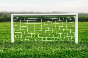 Fototapeta premium Soccer goal on grassy field, white isolate background.