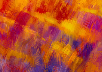 Abstract colorful canvas drawn with paints and mastichin. Golden clouds at sunset. Digital drawing.