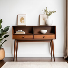 A console table with tapered legs and a sleek, walnut finish, featuring a small drawer for storage and open shelving, isolated on a white background.