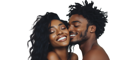 A cheerful Black couple, featuring a man and woman, presented as a PNG cutout, isolated on a transparent background for creative applications