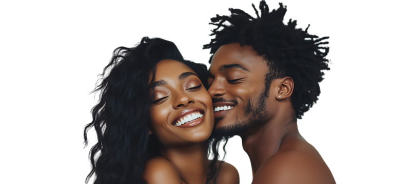 A cheerful Black couple, featuring a man and woman, presented as a PNG cutout, isolated on a transparent background for creative applications