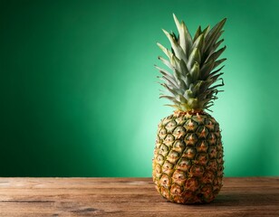 fresh pineapple on wooden table at green background