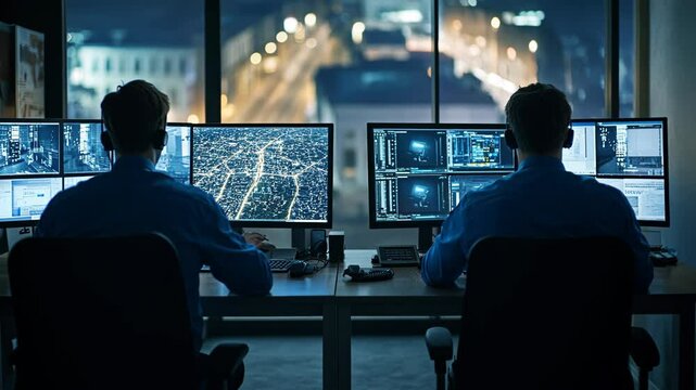 Two people are working late at night in front of multiple computer monitors