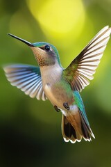 Fototapeta premium A vibrant hummingbird gracefully hovering with outstretched wings against a white background