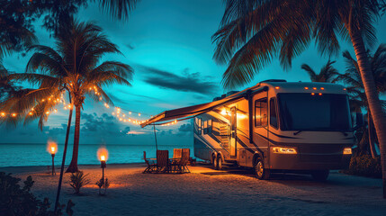 Luxurious Fifth-Wheel RV at Twilight in the Florida Keys: Beachfront Campsite with Swaying Palm Trees, Turquoise Water, and Warm String Lights. High-Resolution Serenity.