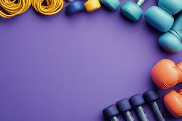 Collection of vibrant purple and blue workout gear arranged neatly on a purple background