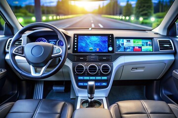 A car dashboard with a large screen and a steering wheel