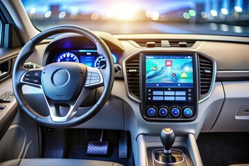 A car dashboard with a large screen and a steering wheel