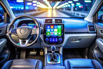 A car dashboard with a large screen and a steering wheel
