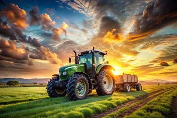 Fototapeta premium A green tractor is driving down a dirt road in a field