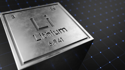 Lithium chemical symbol on cube of lithium metal. 3d illustration