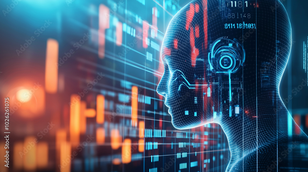Poster a futuristic digital artwork of ai algorithms working in the background of financial data flows, sho