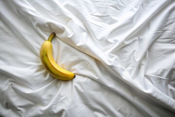 Minimalist white bed linen with a single banana placed on top, creating a cozy and playful atmosphere