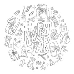 Happy new year doodle circle composition. Hand drawing festive vector illustration. Hand lettering Christmas saying. New Year quotes with black and white doodle drawings. Holiday greetings postcard