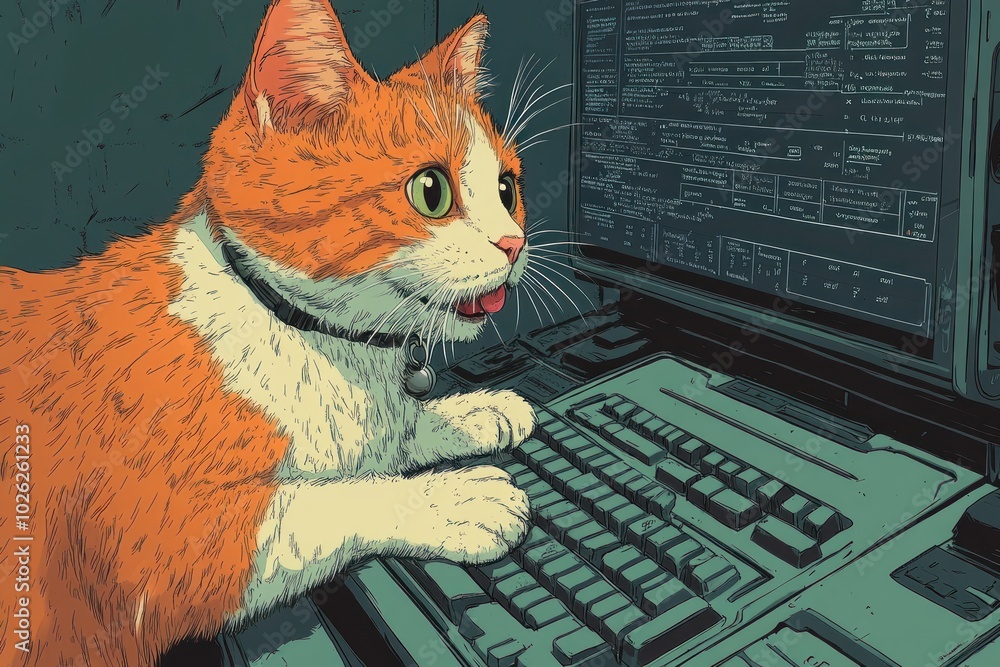 Poster a ginger cat with green eyes sits on a keyboard, looking at a computer screen with code on it.