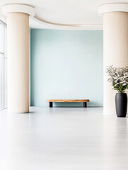 Minimalist interior of a spacious room featuring a wooden bench and a decorative plant arrangement