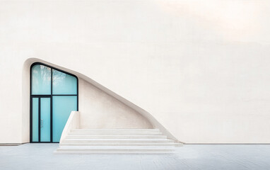 Obraz premium Modern architectural design featuring a minimalist entrance with unique stairway and glass door