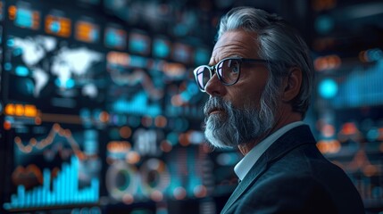 Obraz premium Business Executive Analyzing Financial Data on Virtual Screens