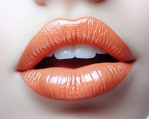 Obraz premium A pair of matte, peach-toned lips with visible creases, isolated on white background 