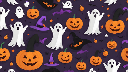 Halloween pumpkin vector set with cartoon bat, ghost, and witch for spooky holiday design