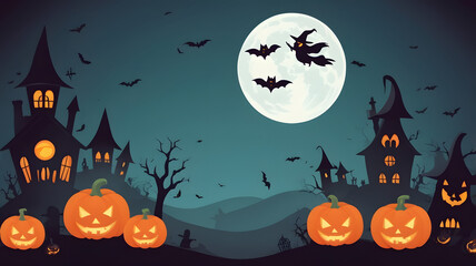 Fototapeta premium Spooky Halloween Night with Pumpkin and Bats