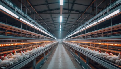 Obraz premium A spacious poultry farm with rows of chickens under bright lights, emphasizing modern agricultural practices.