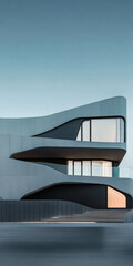 Fototapeta premium Modern architectural design of a sleek building with curved features by the waterfront at dusk