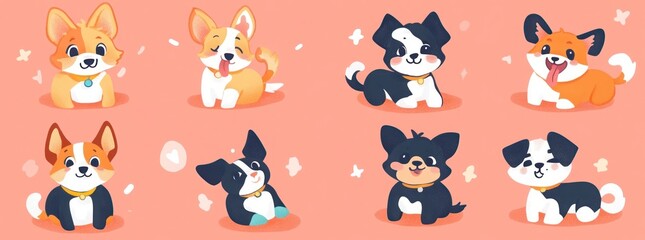 Six cute cartoon puppies in different poses.