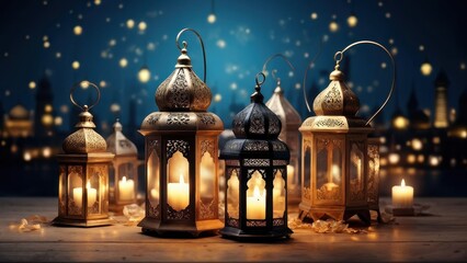 Obraz premium A serene display of ornate lanterns glowing softly against a twilight backdrop.