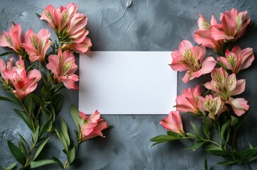 Obraz premium Fresh pink flowers and a blank card on a textured gray surface for a thoughtful message