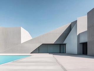 Obraz premium Modern architectural design featuring angular concrete structures near a tranquil pool