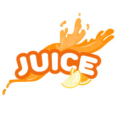 Juice inscription with liquid splash and citrus pieces 