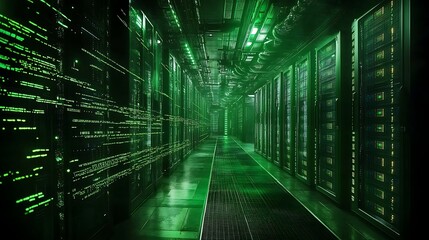 Obraz premium Advanced data center with glowing servers and high-tech networking systems, ideal for cloud computing, IT infrastructure, data storage, and cybersecurity visuals.