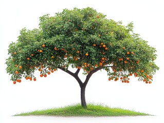 A pear tree with small fruits hanging from its branches, isolated on white background 