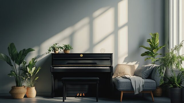 Scandinavian interior with a gray sofa, black piano, wooden commode, and tropical plant accents. A minimalist space with elegant home accessories.